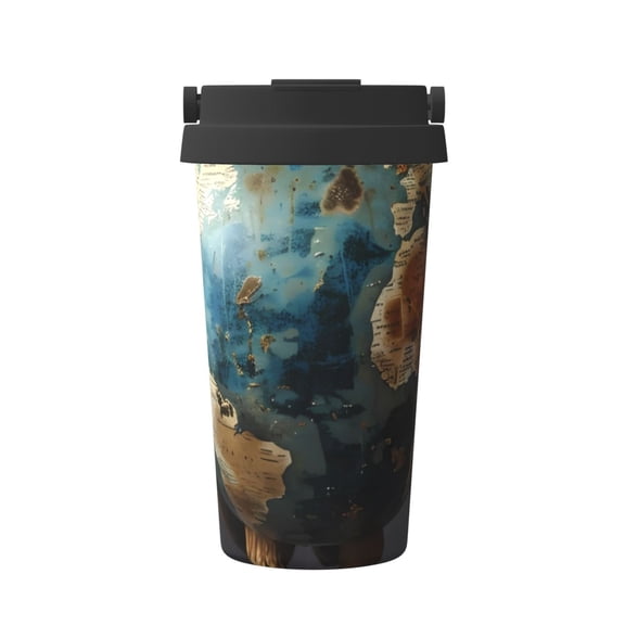 Gukieu Owl Globe Sculpture Print Insulated Coffee Cup, Portable Stainless Steel Vacuum Cup with Lid, Unisex, Suitable for Office, Cafe, Car