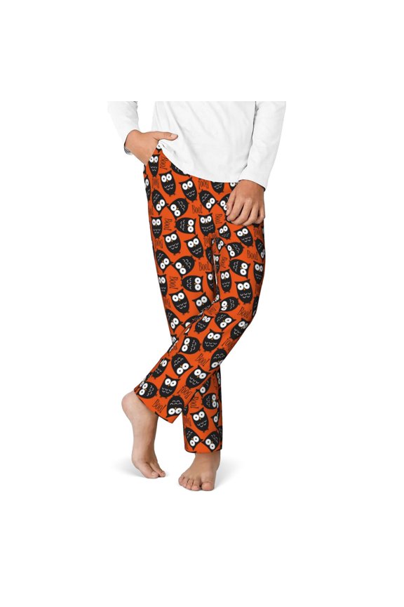 Owls And Boo Print Youth Home Trousers, Elastic Waistband with Pockets for Home and Outing, Suitable for Children Aged 5-16-Medium