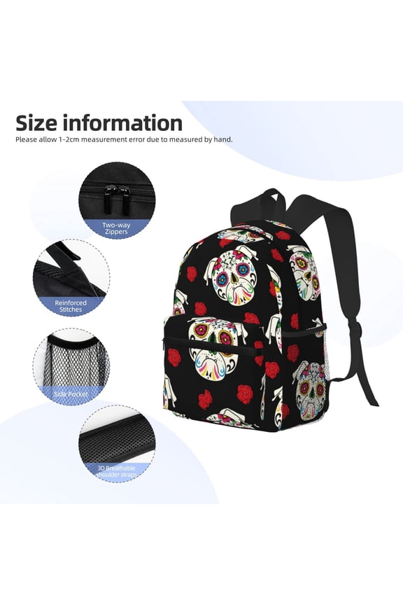 PUG Print Backpack, Waterproof Backpack with Adjustable Shoulder Straps, Suitable for Campus, Business, Travel, Unisex