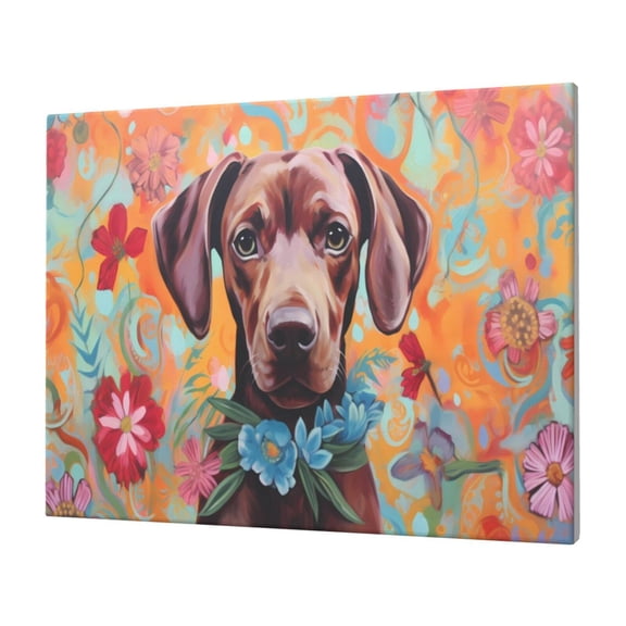 Gukieu Painted Flower Puppy Print Horizontal Canvas Decorative Painting 12x16 Inch Shrinkage Resistant Frame Hanging Home Wall Art Decor