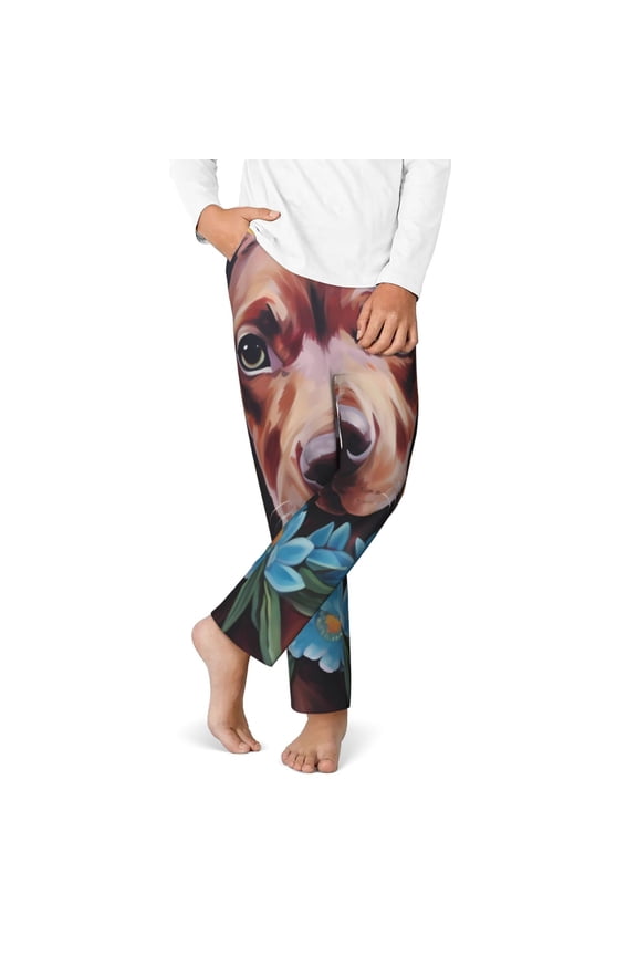 Painted Flower Puppy Print Youth Home Trousers, Elastic Waistband with Pockets for Home and Outing, Suitable for Children Aged 5-16-XS(5-6)