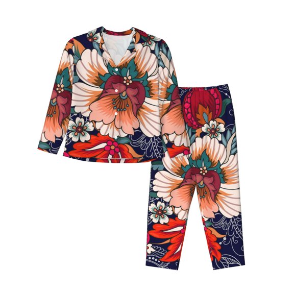 Gukieu Paisley2 Print Women's Long Sleeve Pajama Set, Button Top Elastic Pocket Pajama Pants Two Piece Set Home Wear-X-Large