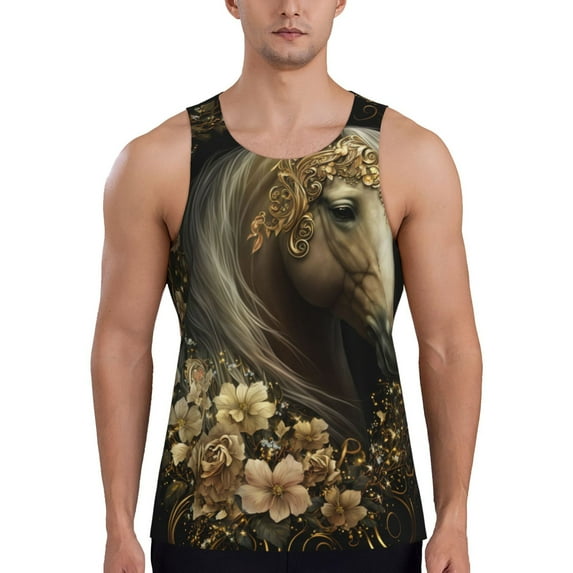 Gukieu Palatial Gold Pattern Horse Print Men's Quick Dry Fitness Vest, Round Neck Sleeveless Fitness Bodybuilding Top-Small