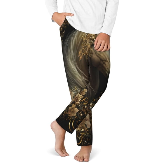 Gukieu Palatial Gold Pattern Horse Print Youth Home Trousers, Elastic Waistband with Pockets for Home and Outing, Suitable for Children Aged 5-16-Medium
