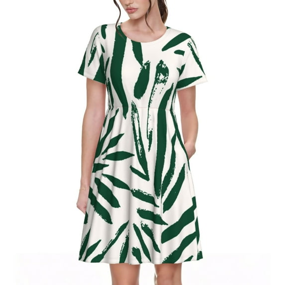 Gukieu Palm Branch With Leaves Print Women's Short Sleeve Dress, Elastic Waistband A-line with Pockets Summer Dress, Suitable for Daily Leisure, Work, Vacation
