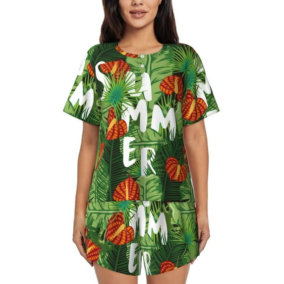 Gukieu Palm Leaves And Tropical Flowers Print Women's Short-sleeved Pajama Set, Round Neck Button Top Elastic Shorts 2-piece Set, Summer Home Leisure Clothing-Large
