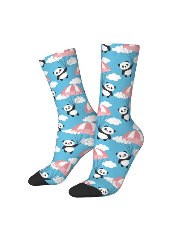 Panda Flying in the Sky Print Contrast Color Mid-calf Socks, Sweat-wicking Athletic Socks, Unisex Clothing Accessories