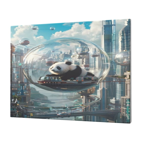 Gukieu Panda In Futuristic City Print Horizontal Canvas Decorative Painting 12x16 Inch Shrinkage Resistant Frame Hanging Home Wall Art Decor