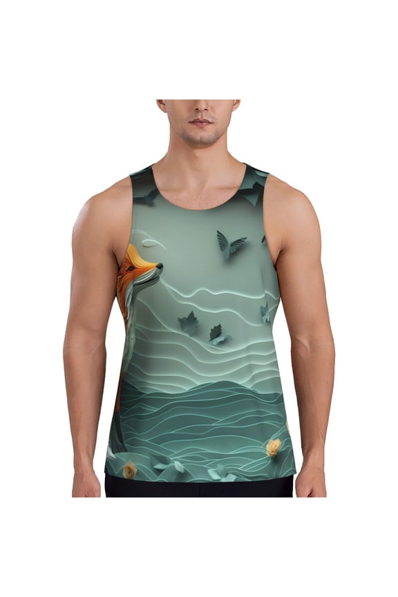 Paper Fox Crow Fantasy Print Men's Quick Dry Fitness Vest, Round Neck Sleeveless Fitness Bodybuilding Top-Small