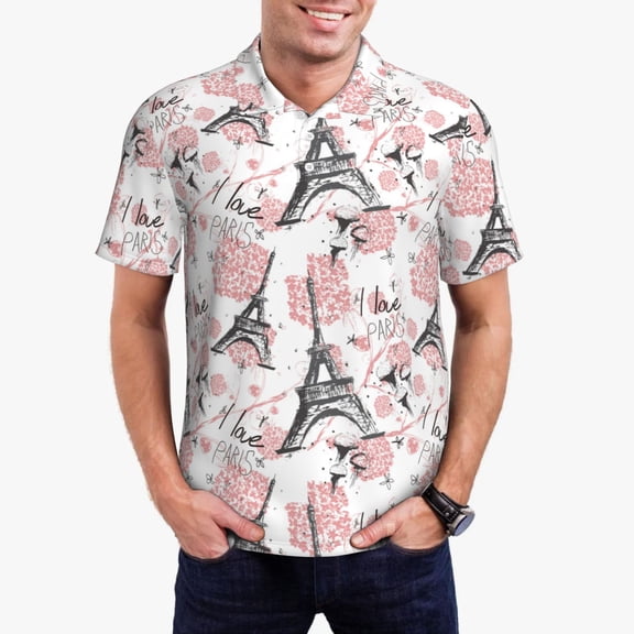 Gukieu Paris Print Men's Quick-drying POLO Shirt, Button-down Summer T-shirt, Suitable for Work and Outdoor Activities-XX-Large
