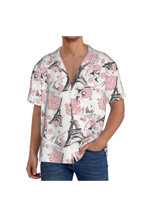 Paris Print Men's Short-sleeved Shirts, Button-down Pocket Shirts, T-shirts, Beach Vacation Travel Summer Clothing-Large