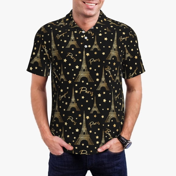 Gukieu Paris Romantic Print Men's Quick-drying POLO Shirt, Button-down Summer T-shirt, Suitable for Work and Outdoor Activities-Medium