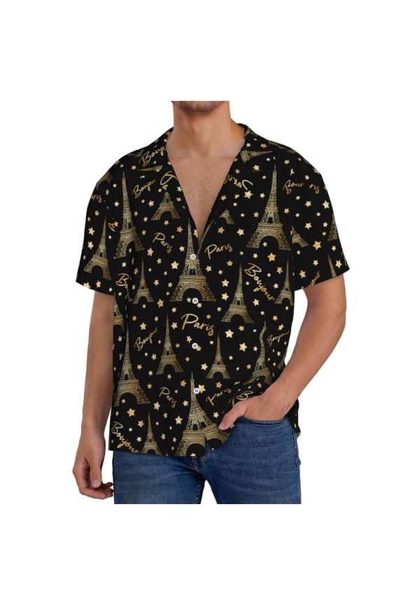 Paris Romantic Print Men's Short-sleeved Shirts, Button-down Pocket Shirts, T-shirts, Beach Vacation Travel Summer Clothing-Medium