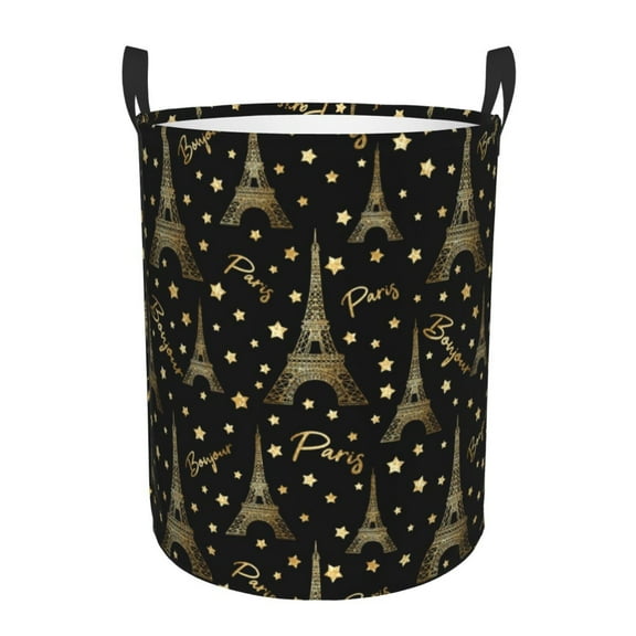 Gukieu Paris Romantic Print Round Dirty Clothes Bag, Waterproof Standing Home Bathroom Storage Basket Car Trunk Storage Bag-Small