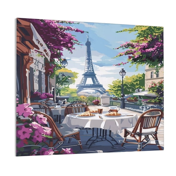 Gukieu Parisian Cafe With Eiffel Print Canvas Decorative Hanging Painting, Waterproof Art Wall Decoration with Frame, Suitable for Living Room, Bedroom