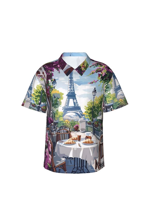 Parisian Cafe With Eiffel Print Men's Short-sleeved Shirts, Button-down Lapel Hawaiian Shirts, T-shirts, Beach Vacation Summer Casual Wear,Large