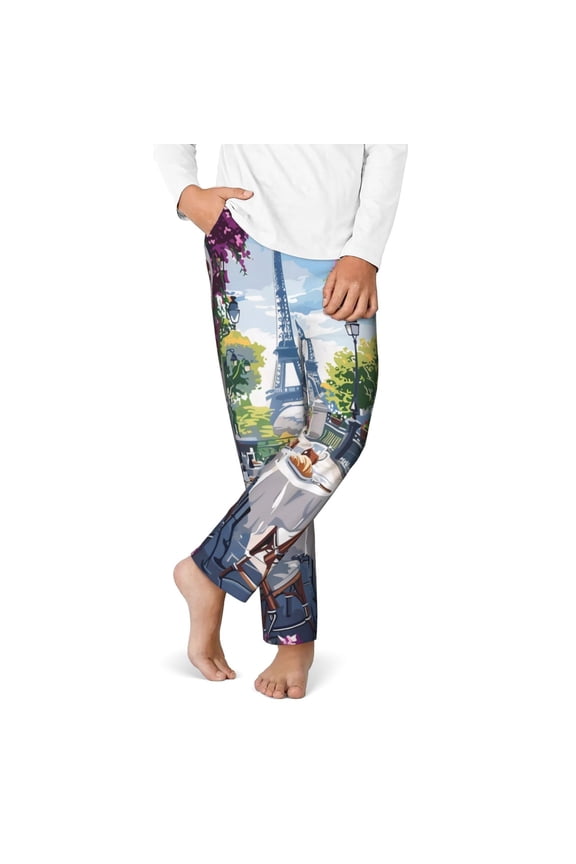 Parisian Cafe With Eiffel Print Youth Home Trousers, Elastic Waistband with Pockets for Home and Outing, Suitable for Children Aged 5-16-Medium