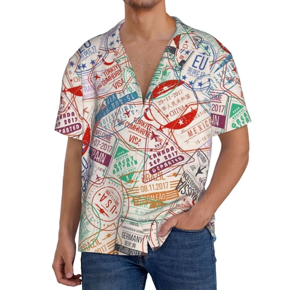 Gukieu Passport Stamp Print Men's Short-sleeved Shirts, Button-down Pocket Shirts, T-shirts, Beach Vacation Travel Summer Clothing-Large