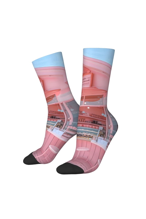 Pastel Pink Beach Cafe Print Contrast Color Mid-calf Socks, Sweat-wicking Athletic Socks, Unisex Clothing Accessories