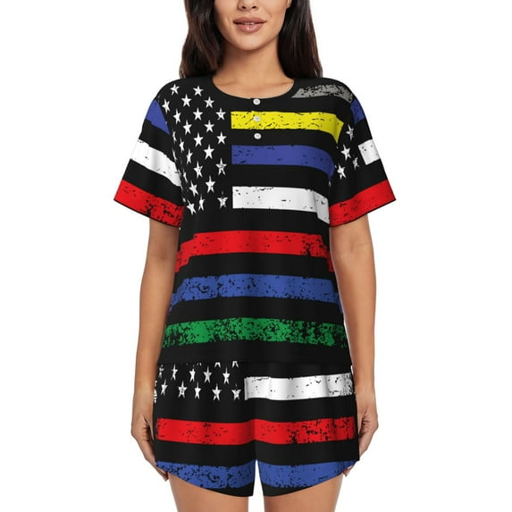 Gukieu Patrick’s Day Gnomes Print Women's Short-sleeved Pajama Set, Round Neck Button Top Elastic Shorts 2-piece Set, Summer Home Leisure Clothing-X-Large