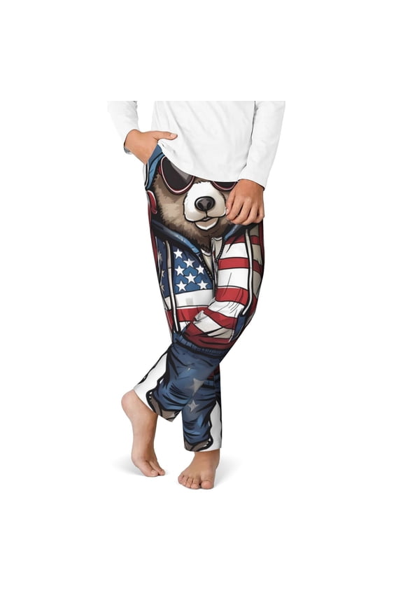 Patriotic Boxing Bear Art Print Youth Home Trousers, Elastic Waistband with Pockets for Home and Outing, Suitable for Children Aged 5-16-Large