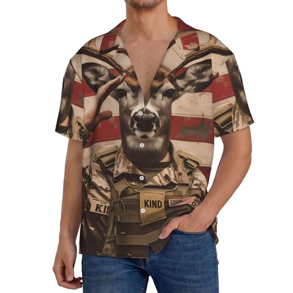 Gukieu Patriotic Deer Soldier Salute Print Men's Short-sleeved Shirts, Button-down Pocket Shirts, T-shirts, Beach Vacation Travel Summer Clothing-Small