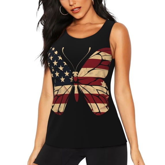 Gukieu Patriotic USA Butterfly Art Print Women's Quick-drying Fitness Vest, Round Neck Sleeveless Fitness T-shirt, Suitable for Yoga, Sports-Medium