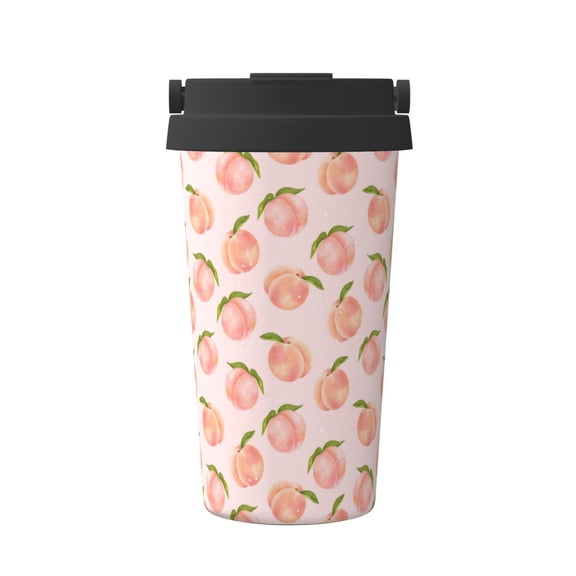 Gukieu Peach With Leaves Print Insulated Coffee Cup, Portable Stainless Steel Vacuum Cup with Lid, Unisex, Suitable for Office, Cafe, Car