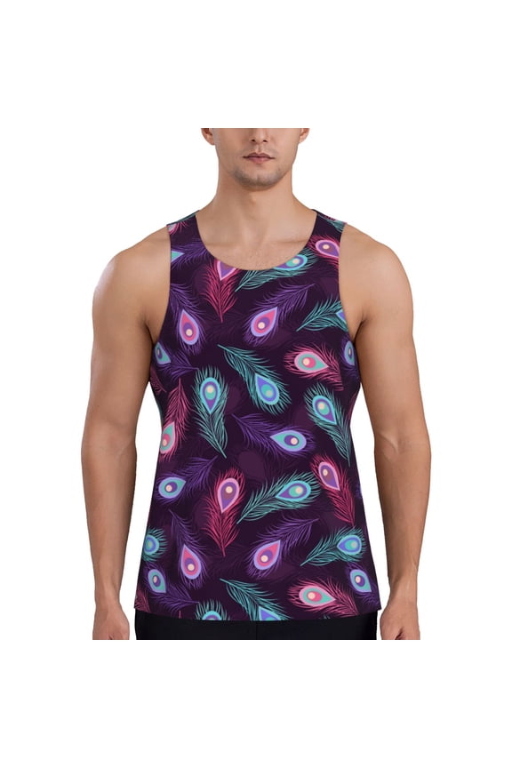 Peacock Feathers3 Print Men's Quick Dry Fitness Vest, Round Neck Sleeveless Fitness Bodybuilding Top-4X-Large