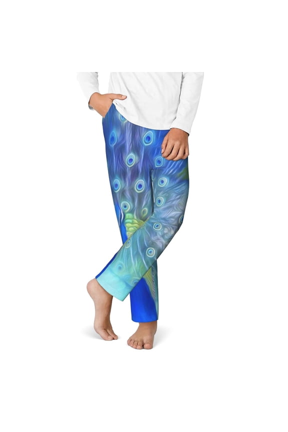 Peacock Print Youth Home Trousers, Elastic Waistband with Pockets for Home and Outing, Suitable for Children Aged 5-16-XS(5-6)