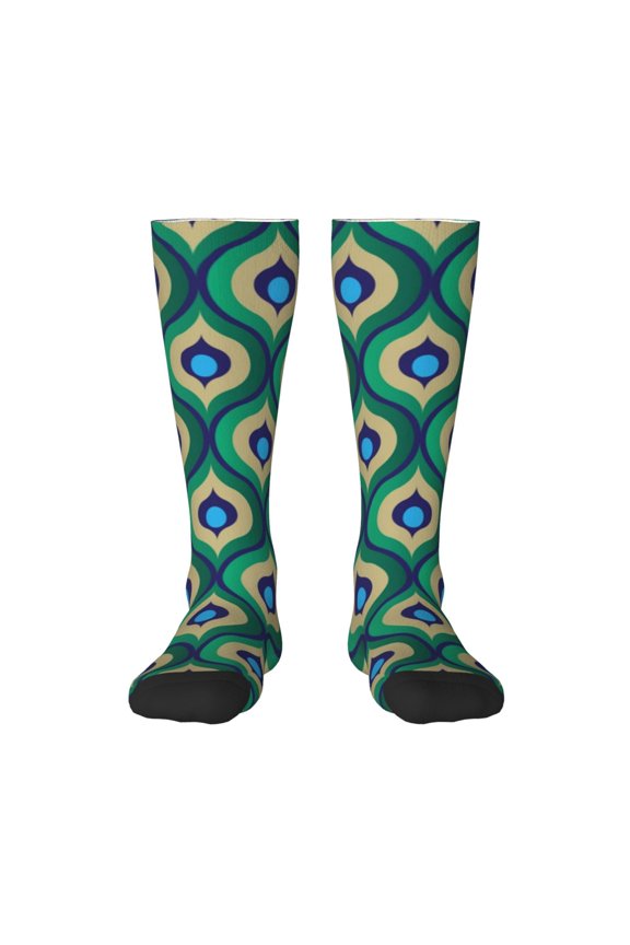 Peacock'S Tail Print Contrast Color Stockings, Elastic Sports Socks Warm Socks Clothing Accessories, Adult Unisex