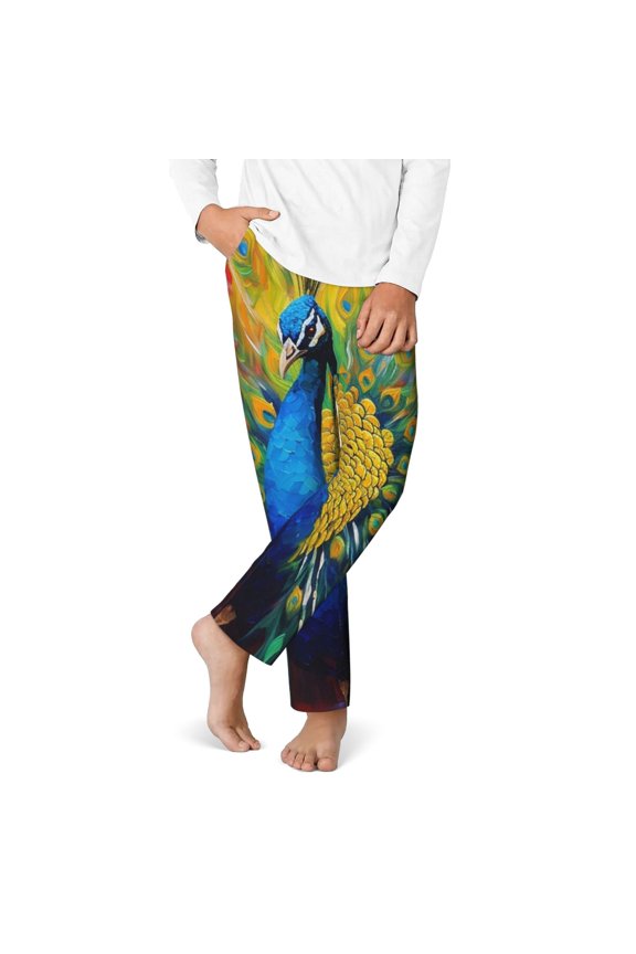 Peacocks Print Youth Home Trousers, Elastic Waistband with Pockets for Home and Outing, Suitable for Children Aged 5-16-Medium