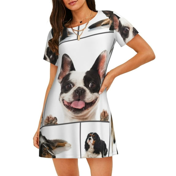 Gukieu Pedigree dogs collage Print Women's Nightgown, A-line Round Neck Short-sleeved Nightgown Pajamas Home Wear Suitable for Home and Outing