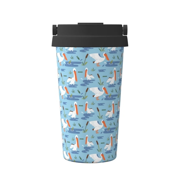 Gukieu Pelican Reed And Fish Print Insulated Coffee Cup, Portable Stainless Steel Vacuum Cup with Lid, Unisex, Suitable for Office, Cafe, Car