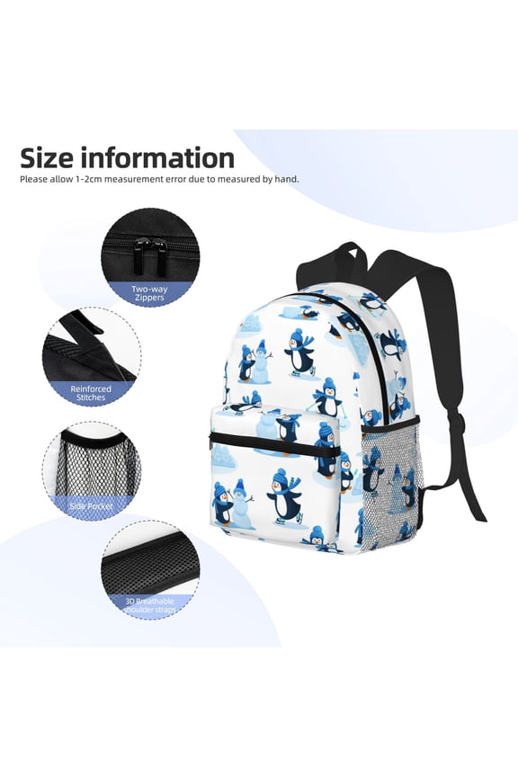 Penguin Winter Fun Print Backpack, Waterproof Backpack with Adjustable Shoulder Straps, Suitable for Campus, Business, Travel, Unisex