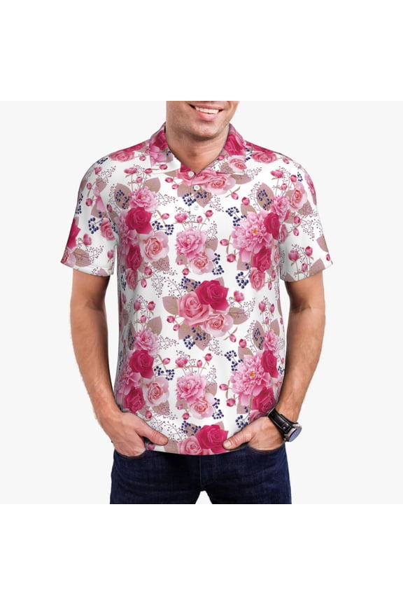 Peonies And Roses Print Men's Quick-drying POLO Shirt, Button-down Summer T-shirt, Suitable for Work and Outdoor Activities-4X-Large