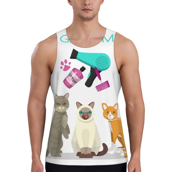 Gukieu Pet Care Grooming Print Men's Quick Dry Fitness Vest, Round Neck Sleeveless Fitness Bodybuilding Top-Small