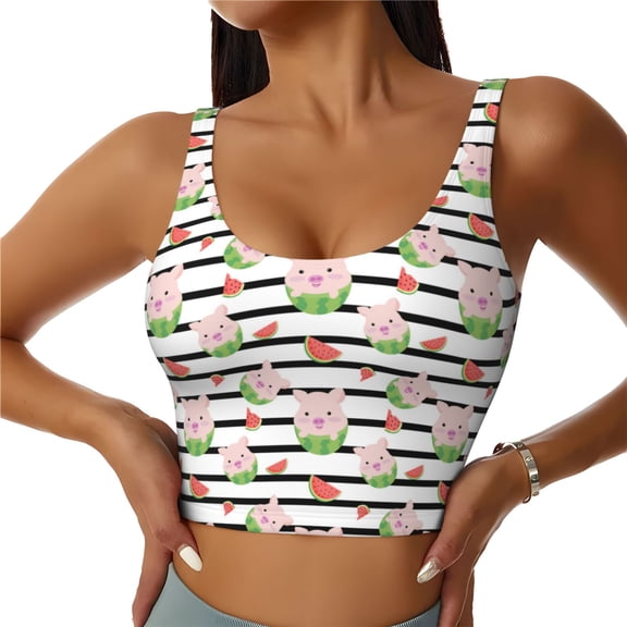 Gukieu Pig And Watermelon Print Women's Sports Vest, Low-neck U-shaped Removable Pad Sports Bra for Yoga, Exercise, Dance-XX-Large