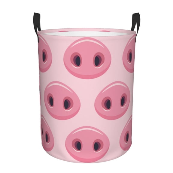 Gukieu Pig Nose Print Round Dirty Clothes Bag, Waterproof Standing Home Bathroom Storage Basket Car Trunk Storage Bag-Small