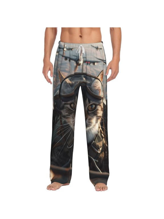 Pilot Cat In Vintage Plane Print Men's Home Trousers, Elastic Drawstring Home Pajamas Clothing Suitable for Adult Men-Large