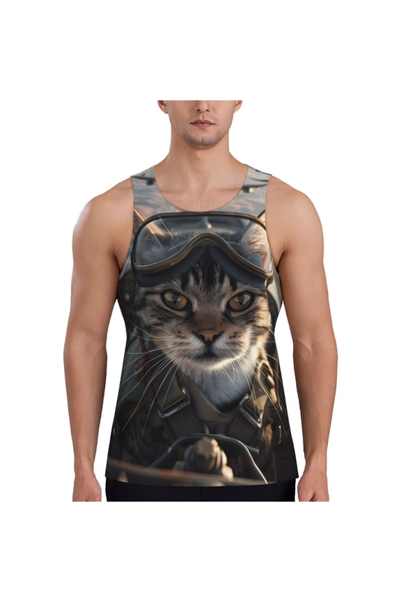 Pilot Cat In Vintage Plane Print Men's Quick Dry Fitness Vest, Round Neck Sleeveless Fitness Bodybuilding Top-3X-Large