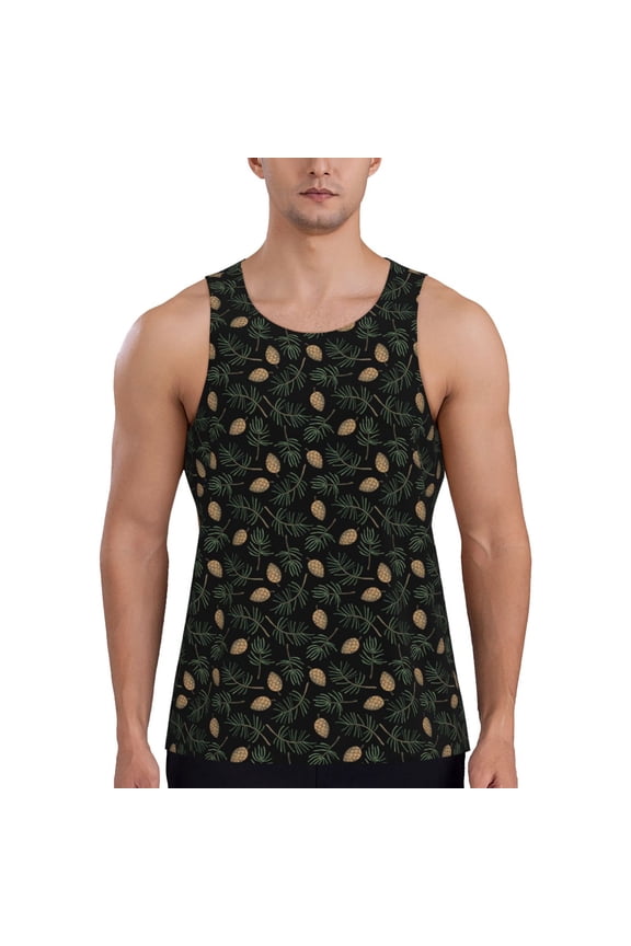 Pine Cone Woodland Pattern Print Men's Quick Dry Fitness Vest, Round Neck Sleeveless Fitness Bodybuilding Top-X-Large