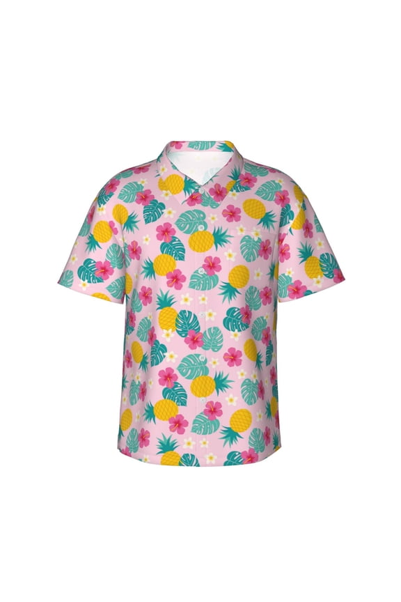 Pineapple And Leaves Print Men's Short-sleeved Shirts, Button-down Lapel Hawaiian Shirts, T-shirts, Beach Vacation Summer Casual Wear,Small