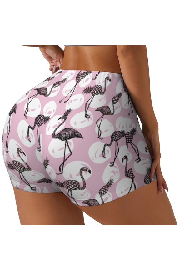 Pineapple Flamingo Print Women's Sports Shorts, Elastic Waist High Stretch Running Yoga Gym Sweatpants-Large