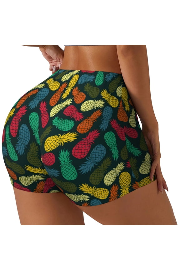 Pineapple Fruit Colorful Print Women's Sports Shorts, Elastic Waist High Stretch Running Yoga Gym Sweatpants-Large