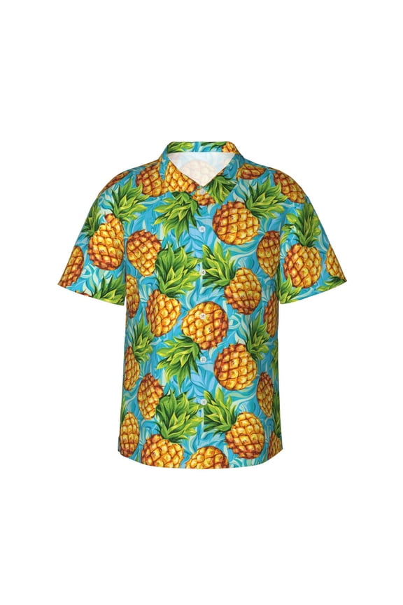 Pineapple Print Men's Short-sleeved Shirts, Button-down Lapel Hawaiian Shirts, T-shirts, Beach Vacation Summer Casual Wear,Medium