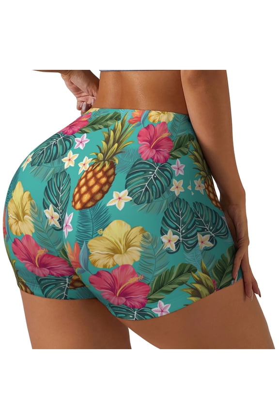 Pineapple Print Women's Sports Shorts, Elastic Waist High Stretch Running Yoga Gym Sweatpants-Small