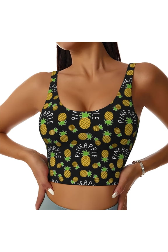 Pineapple Print Women's Sports Vest, Low-neck U-shaped Removable Pad Sports Bra for Yoga, Exercise, Dance-Large