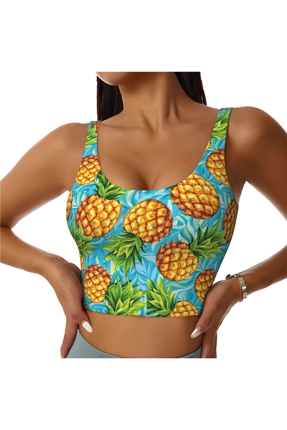Pineapple Print Women's Sports Vest, Low-neck U-shaped Removable Pad Sports Bra for Yoga, Exercise, Dance-Medium