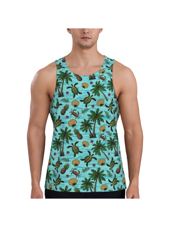 Pineapple Sea Turtle Print Men's Quick Dry Fitness Vest, Round Neck Sleeveless Fitness Bodybuilding Top-XX-Large